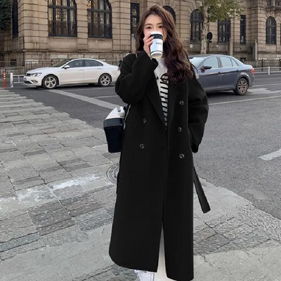 Moteriška striukė, suvarstoma, paprasta 2024 m. pavasario korėjietiška dirbtinė vilna, pilnomis rankovėmis, dvieiliais vidutinio dydžio paltai, moteriški priežastiniai laisvi viršutiniai drabužiai