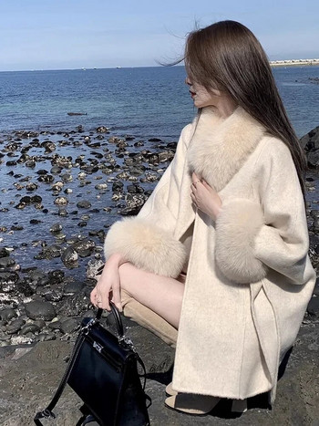 Елегантно дамско вълнено палто с дълъг ръкав Корейски модни винтидж якета Тънки плътни Fairycore 2023 Нови есенно-зимни палта