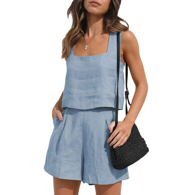 Costum scurt Femei Set 2 piese Vest Pantaloni scurți Tinuta Culoare uni Fara maneci Primavara Vara Buzunare Casual Zilnic Lenjerie Imbracaminte pentru femei