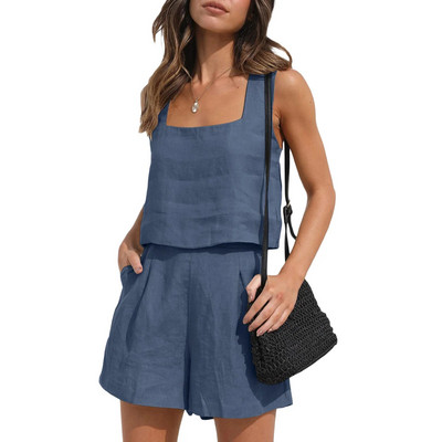 Costum scurt Femei Set 2 piese Vest Pantaloni scurți Tinuta Culoare uni Fara maneci Primavara Vara Buzunare Casual Zilnic Lenjerie Imbracaminte pentru femei