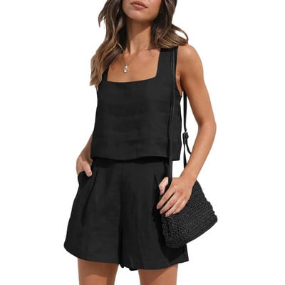 Costum scurt Femei Set 2 piese Vest Pantaloni scurți Tinuta Culoare uni Fara maneci Primavara Vara Buzunare Casual Zilnic Lenjerie Imbracaminte pentru femei