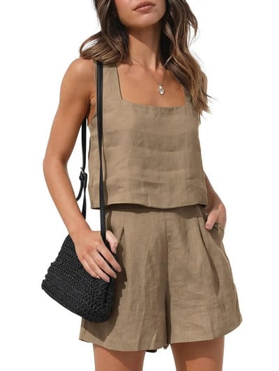 Costum scurt Femei Set 2 piese Vest Pantaloni scurți Tinuta Culoare uni Fara maneci Primavara Vara Buzunare Casual Zilnic Lenjerie Imbracaminte pentru femei