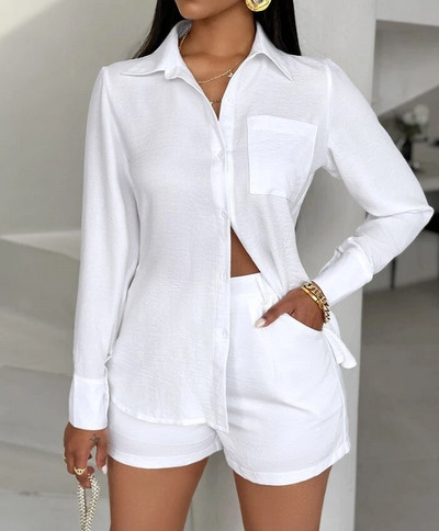 Two Piece Outfits Women`s Turn-down Collar Pocket Design Buttoned Shirt Top and Shorts Set Fashion Lady Summer Loose Suit Set