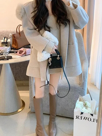 Елегантно вълнено палто Дамско улично облекло с дълъг ръкав Корейски модни якета Плътни с качулка Сладки 2023 г. Нови есенно-зимни палта