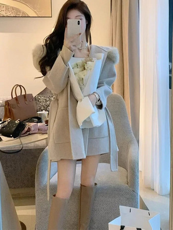 Елегантно вълнено палто Дамско улично облекло с дълъг ръкав Корейски модни якета Плътни с качулка Сладки 2023 г. Нови есенно-зимни палта