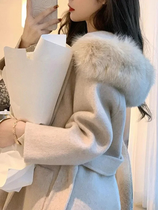 Elegantni vuneni kaput Ženska ulična odjeća dugih rukava Korejske modne jakne Jednobojne slatke jakne s kapuljačom 2023. Novi jesenski zimski kaputi