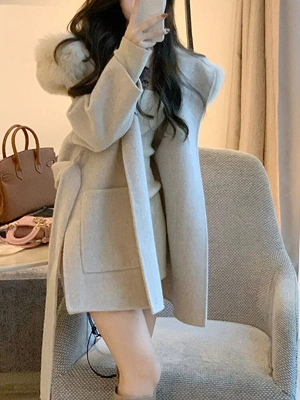 Elegantni vuneni kaput Ženska ulična odjeća dugih rukava Korejske modne jakne Jednobojne slatke jakne s kapuljačom 2023. Novi jesenski zimski kaputi