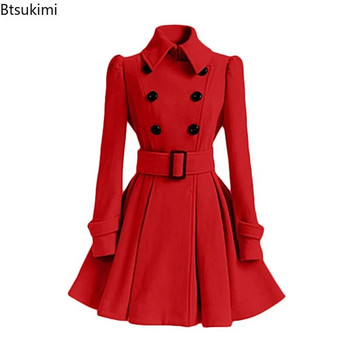 Νέο γυναικείο κομψό παλτό 2023, χοντρό μίντι μήκους, διπλό παλτό Keep Warm, με φαρδύ στρίφωμα, στενό μάλλινο παλτό μέσης με ζώνη