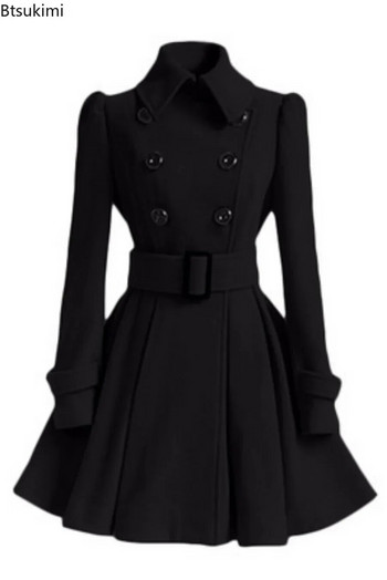 Νέο γυναικείο κομψό παλτό 2023, χοντρό μίντι μήκους, διπλό παλτό Keep Warm, με φαρδύ στρίφωμα, στενό μάλλινο παλτό μέσης με ζώνη
