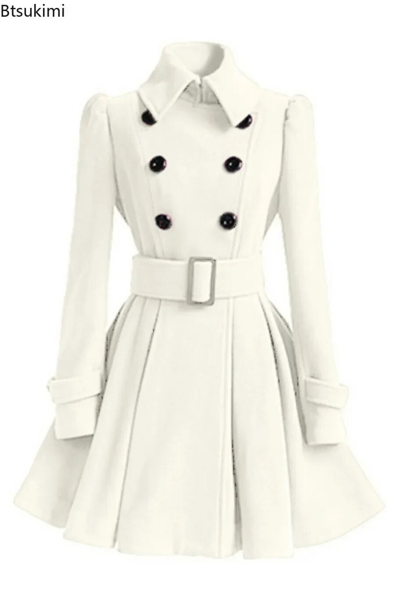 Ново дамско елегантно дебело двуредно палто от 2023 г. поддържа топлината, свободен подгъв и стегната талия, вълнено палто с колан