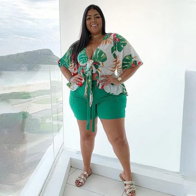 Plus Size Two Piece Sets Women Floral Print Tops Shirts and Short Pants Female Fashion Casual Cloth 2023 Summer Matching Sets