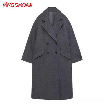 MNCCMOAA 2023 Φθινόπωρο, Χειμώνας, Γυναικεία Μόδα Χαλαρό μάλλινο παλτό με διπλό στήθος Γυναικείο μονόχρωμο casual μακρυμάνικο μπλουζάκι