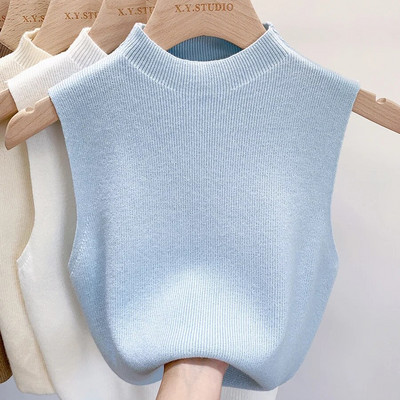 Proljetno-jesenski temperamentni pleteni pulover, prsluk, ženski kamisol s polu dolčevitom, skraćena majica bez rukava