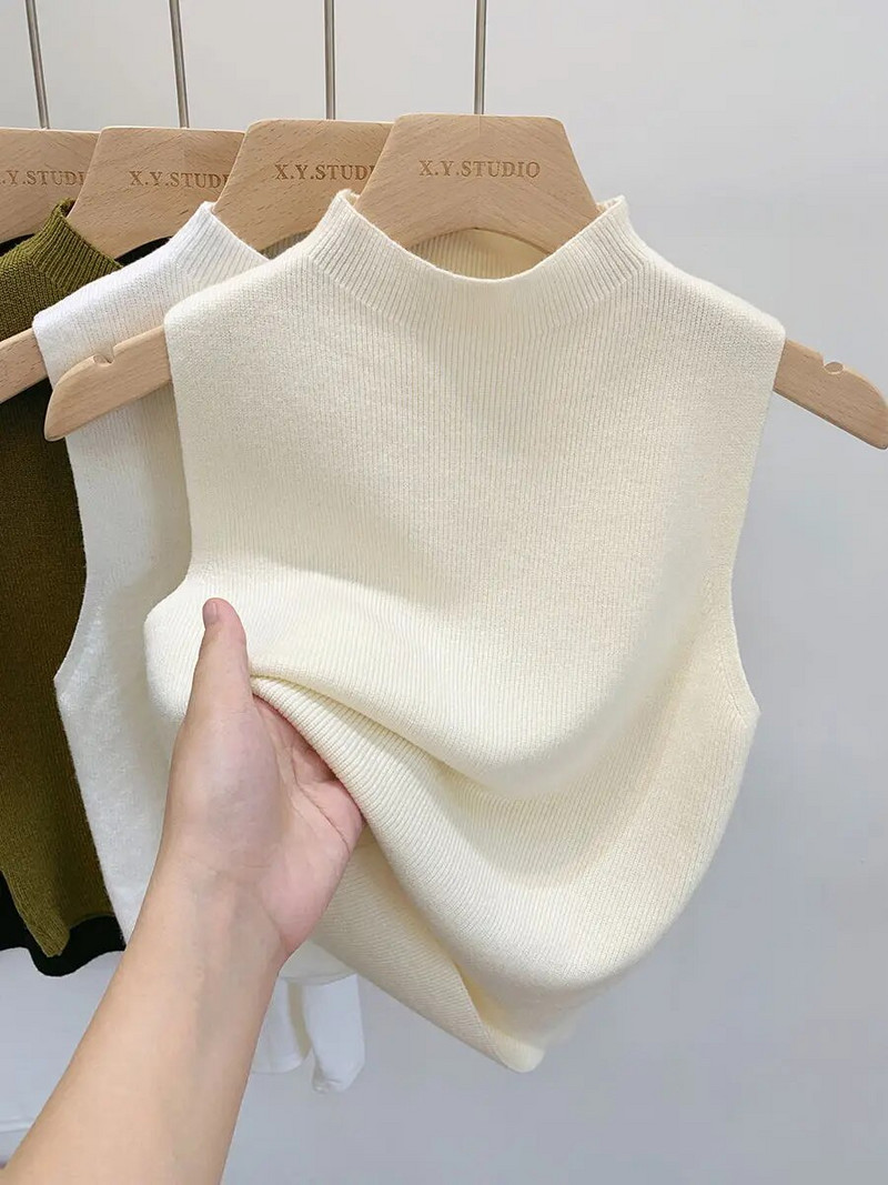 Proljetno-jesenski temperamentni pleteni pulover, prsluk, ženski kamisol s polu dolčevitom, skraćena majica bez rukava