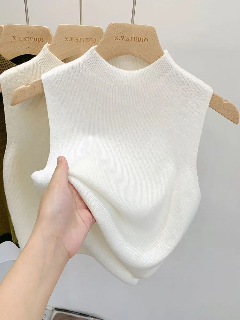 Proljetno-jesenski temperamentni pleteni pulover, prsluk, ženski kamisol s polu dolčevitom, skraćena majica bez rukava