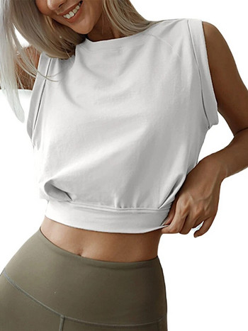 Укорочени памучни ризи за жени Сладки блузи за йога без ръкави Тениски за бягане във фитнес зала Ежедневни фитнес свободни женски тениски