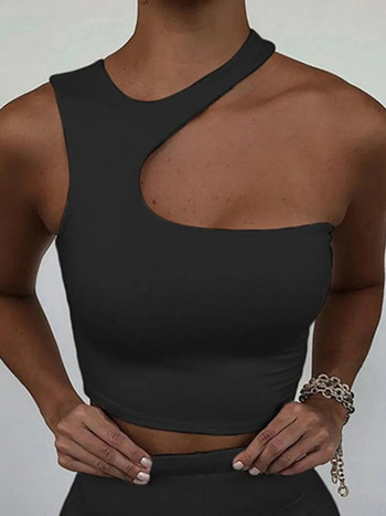 Cut Out Sexy Crop Off Shoulder Solid 2022 Skinny Sport Κοντές μπλούζες Γυναικείες ακανόνιστες καλοκαιρινές μπλούζες