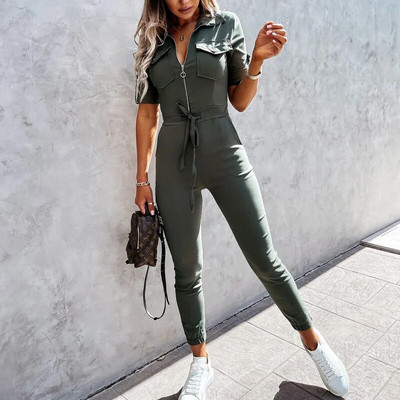 Ljeto 2022. Modni kombinezoni s kratkim rukavima Ležerni kombinezon s džepnim patentnim zatvaračem Cargo hlače Ženski elegantni kombinezoni kratkih rukava na vezanje