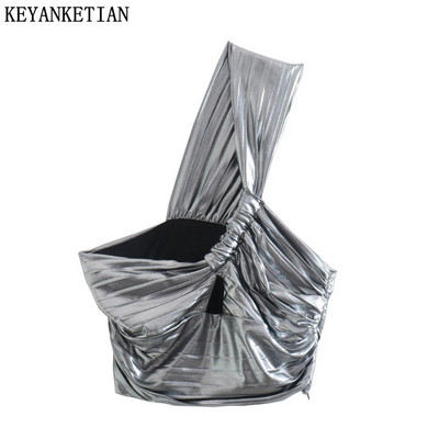 KEYANKETIAN 2022 nyári új fém textúra aszimmetrikus lejtős váll Y2k Crop Top női fűző Sling Sling Crop Top
