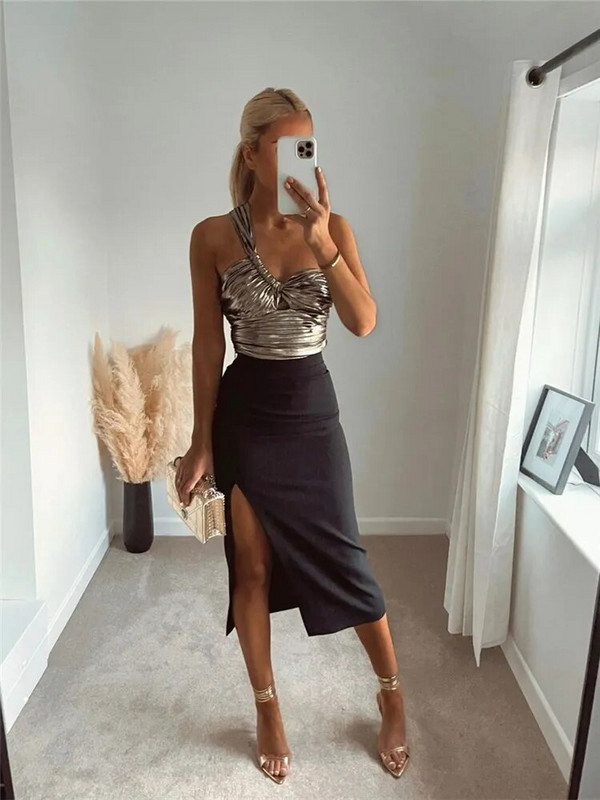 KEYANKETIAN Ljeto 2022. Nova metalna tekstura s asimetričnim kosim ramenima Y2k Crop Top Ženski korzet Sling Crop Top