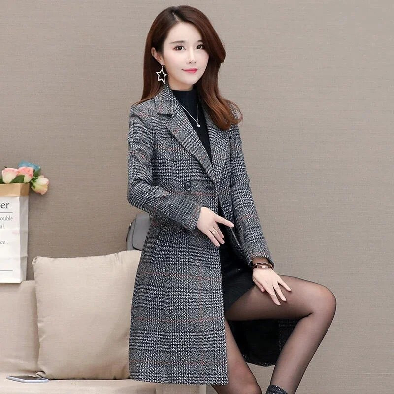 Naiste sügisene ruuduline villane mantel Keskmise pikkusega vabaaja bleiser Naiste jakid Kahe rinnaga ülerõivad Naiste jope mantlid