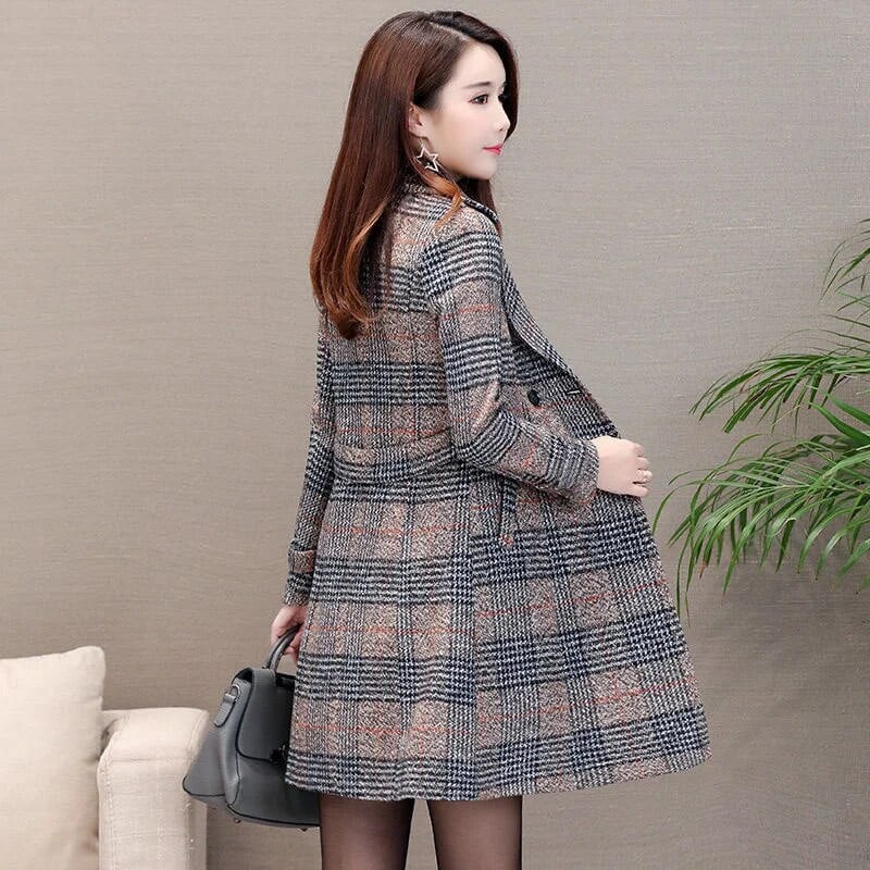 Naiste sügisene ruuduline villane mantel Keskmise pikkusega vabaaja bleiser Naiste jakid Kahe rinnaga ülerõivad Naiste jope mantlid