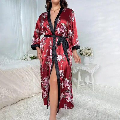 XL-5XL Liela izmēra Sieviešu halāts Halāts Atpūtas apģērbs Naktskrekls Vasaras zīdains Satīna Kimono V veida kakla izgriezums Gulēšanas apģērbs Peldmētelis Mājas Apģērbs