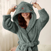 Halat de baie calduros din fleece de pluș pentru femei Halat de baie drăguț cu glugă pentru urechi Robe de baie de flanel de iepure Kimono Robă de baie din catifea
