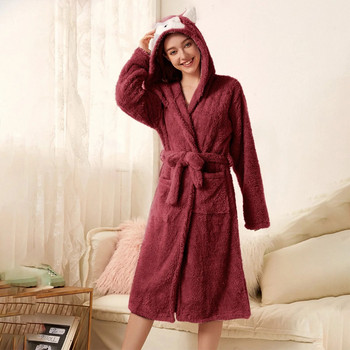 Дамски топли плюшени халати от полар Сладък халат с качулка на уши Заешко фланелено кимоно Халат за баня Халат от кадифе
