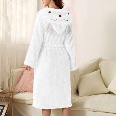 Halat de baie calduros din fleece de pluș pentru femei Halat de baie drăguț cu glugă pentru urechi Robe de baie de flanel de iepure Kimono Robă de baie din catifea