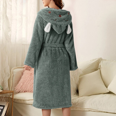 Halat de baie calduros din fleece de pluș pentru femei Halat de baie drăguț cu glugă pentru urechi Robe de baie de flanel de iepure Kimono Robă de baie din catifea