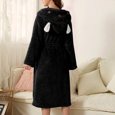 Halat de baie calduros din fleece de pluș pentru femei Halat de baie drăguț cu glugă pentru urechi Robe de baie de flanel de iepure Kimono Robă de baie din catifea
