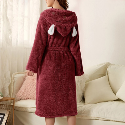 Halat de baie calduros din fleece de pluș pentru femei Halat de baie drăguț cu glugă pentru urechi Robe de baie de flanel de iepure Kimono Robă de baie din catifea