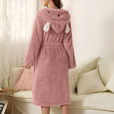Halat de baie calduros din fleece de pluș pentru femei Halat de baie drăguț cu glugă pentru urechi Robe de baie de flanel de iepure Kimono Robă de baie din catifea