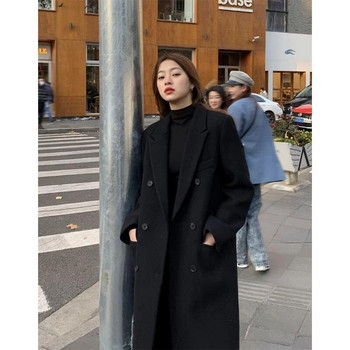 MEXZT Дълги палта от смесена вълна Дамско улично облекло Черен блейзър Корейски ватирани вълнени якета Зимно елегантно палто Дебело връхно облекло