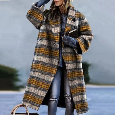 New2024, toamnă iarnă, jachete calde pentru femei, stil francez, amestecuri de lână, paltoane lungi, pardesi căptușite, îmbrăcăminte în carouri elegante pentru femei, S-5XL