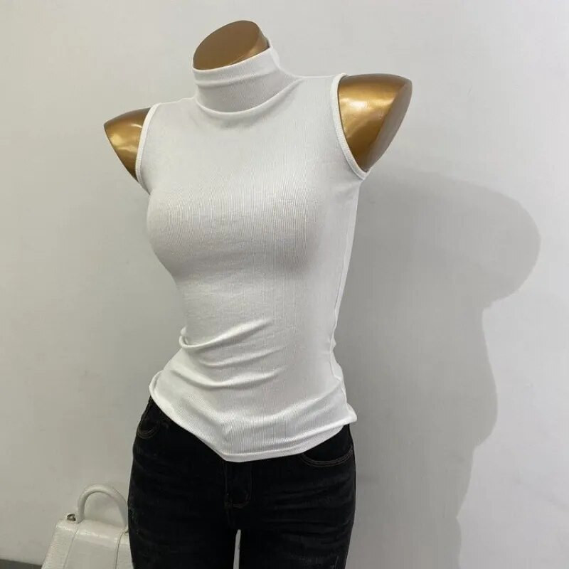 Μισό ψηλό κολάρο Tanks Γυναικεία streetwear Κομψά, μοντέρνα μόδα, σέξι και όλα ταίριασμα Slim Casual European Style Strechy Basics Αμάνικο