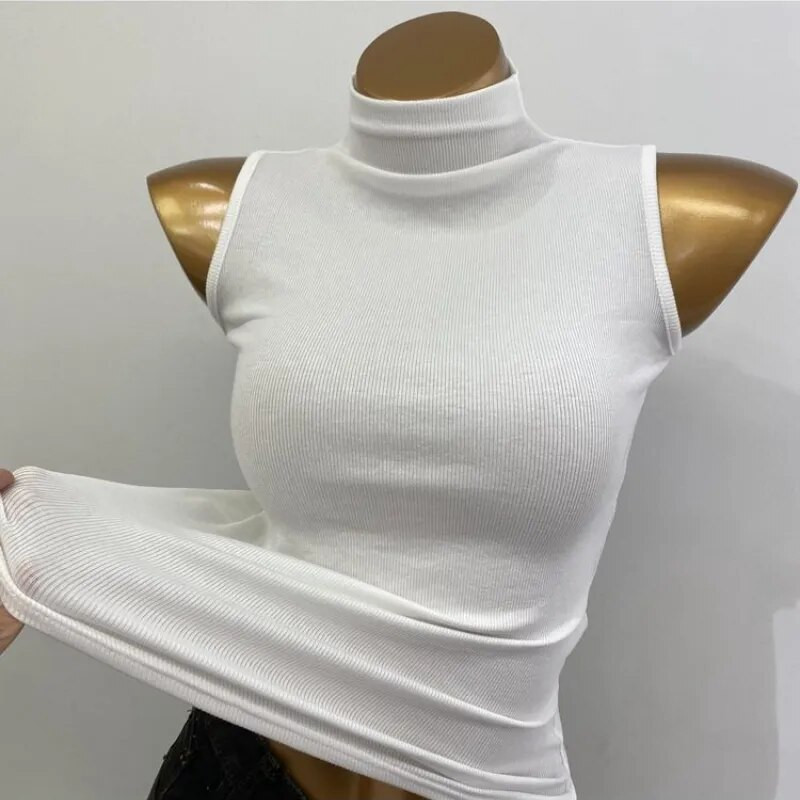 Μισό ψηλό κολάρο Tanks Γυναικεία streetwear Κομψά, μοντέρνα μόδα, σέξι και όλα ταίριασμα Slim Casual European Style Strechy Basics Αμάνικο