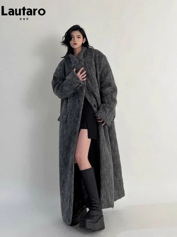 Lautaro Φθινοπωρινά Χειμερινά Ρούχα Γυναικεία Υπερμεγέθη Extra Long Casual ζεστό γκρι μαλλί & μείγματα παλτό Γυναικείο μάξι αφράτο παλτό