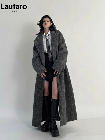 Lautaro Φθινοπωρινά Χειμερινά Ρούχα Γυναικεία Υπερμεγέθη Extra Long Casual ζεστό γκρι μαλλί & μείγματα παλτό Γυναικείο μάξι αφράτο παλτό