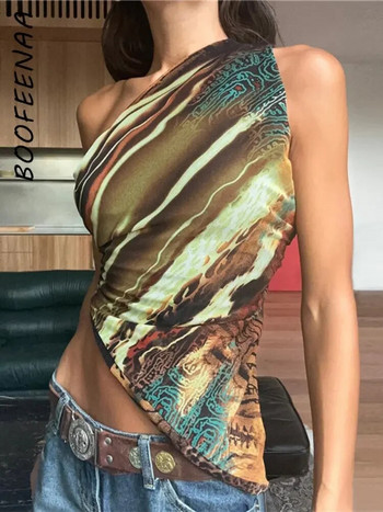 BOOFEENAA Потници с абстрактен принт Y2k Тениски Лятно облекло за жени 2023 г. Модерно секси асиметрично изрязано горнище с едно рамо C83-AF11