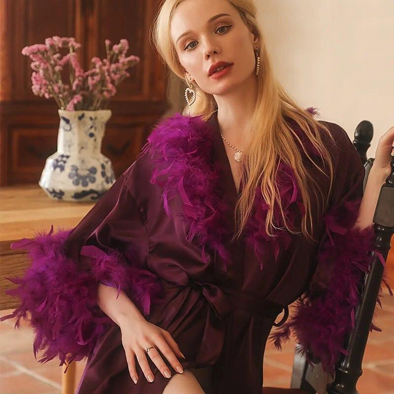 Seksualus plunksnų chalatas, moteriškas nuotakos chalatas Elegantiška viskozė miegui skirta vestuvinė pamergių komanda kimono chalatas trumpi naktiniai marškiniai