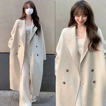 Топло свободно палто от вълнена смес със средна дължина Корейско ново палто без подплата Есен Зима Едноцветни двуредни парки Jaqueta