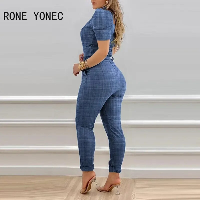 2023. Ženski elegantni radni kombinezon kratkih puf rukava s remenima i patentnim zatvaračem s V-izrezom