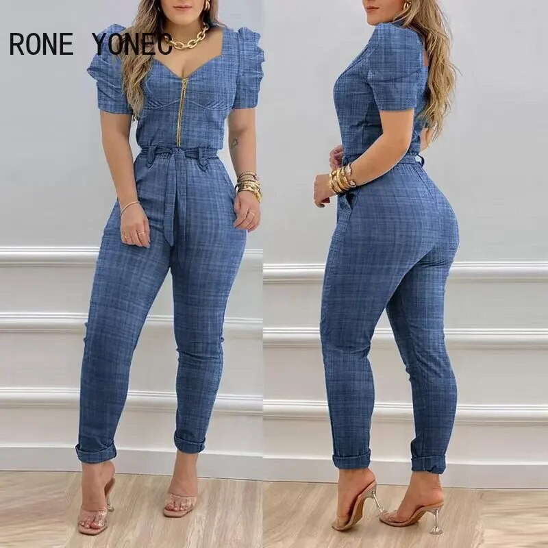 2023. Ženski elegantni radni kombinezon kratkih puf rukava s remenima i patentnim zatvaračem s V-izrezom