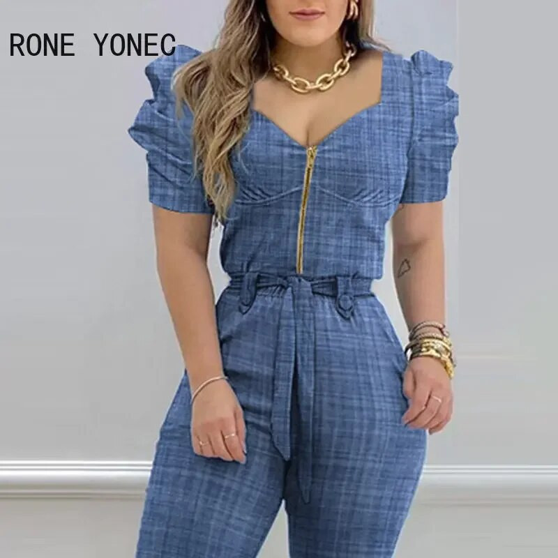 2023. Ženski elegantni radni kombinezon kratkih puf rukava s remenima i patentnim zatvaračem s V-izrezom