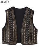 Zevity femei vintage cu decolteu în V cu mărgele broderii de flori vestă scurtă jachetă dama fără mâneci casual cardigan vestă Topuri CT5322