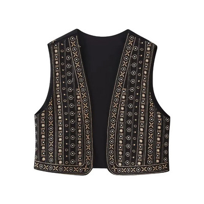 Zevity femei vintage cu decolteu în V cu mărgele broderii de flori vestă scurtă jachetă dama fără mâneci casual cardigan vestă Topuri CT5322