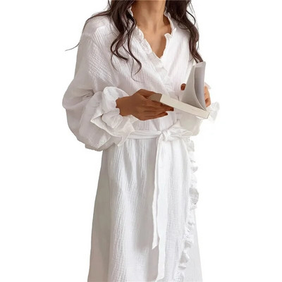 Halat de baie pentru femei, cu volane, cu mânecă lungă, în stil coreean, halat dulce, alb, elegant, spa, doamnă, primăvară, toamnă, acasă, halat, halate, pijamale
