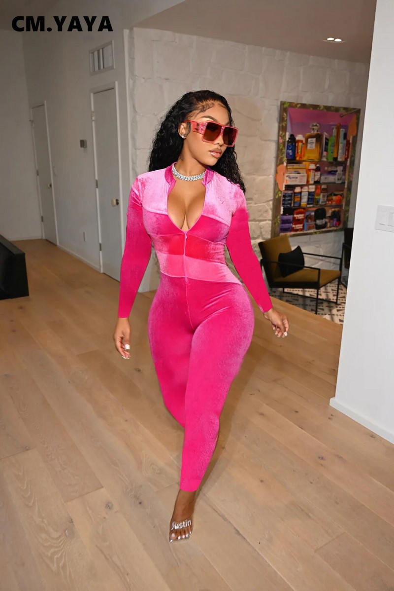 CM.YAYA Ženski kombinezon dugih rukava s patentnim zatvaračem od baršunastog patchworka Active Moto Biker Skinny Jednodijelni sportski kombinezon